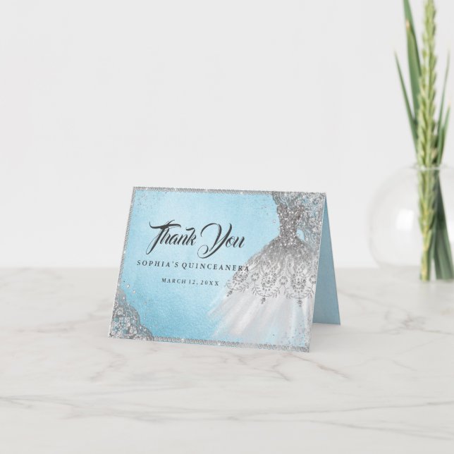 Blue Silver Diamond Sparkle Gown Quinceanera Thank You Card (Front)