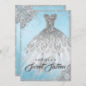 Blue Silver Diamond Sparkle Gown Sweet Sixteen Invitation (Front/Back)