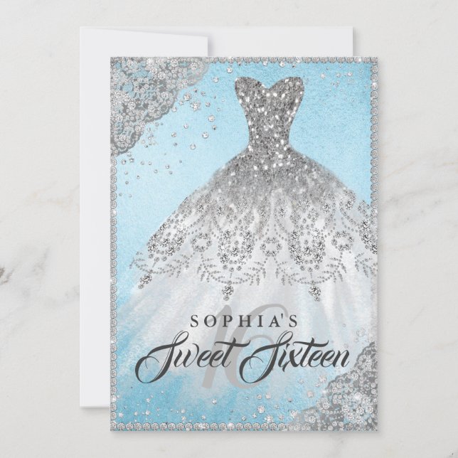Blue Silver Diamond Sparkle Gown Sweet Sixteen Invitation (Front)