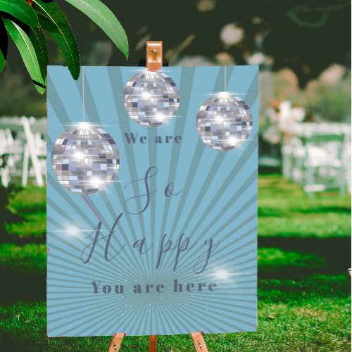 Blue Silver Disco Sun Rays Chic Wedding Welcome Poster