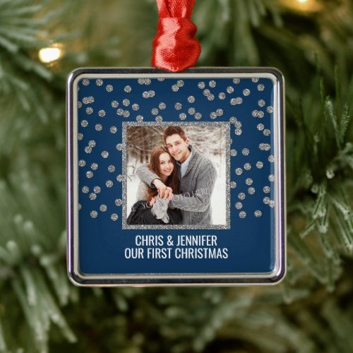 Blue Silver Dots Couples First Christmas Photo Metal Ornament