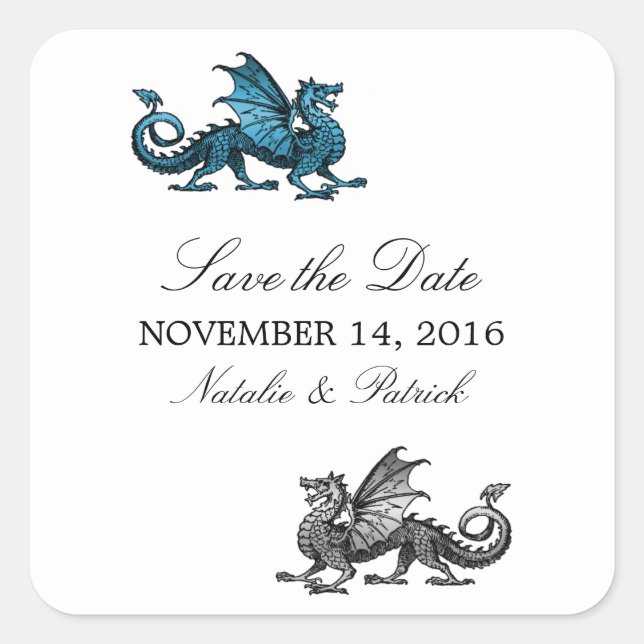 Blue Silver Dragon Save the Date Stickers (Front)