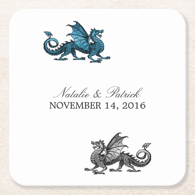 Blue Silver Dragon Wedding Paper Coasters (Front)