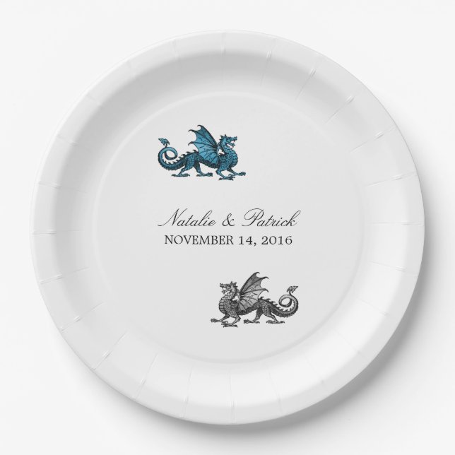 Blue Silver Dragon Wedding Paper Plates (Front)