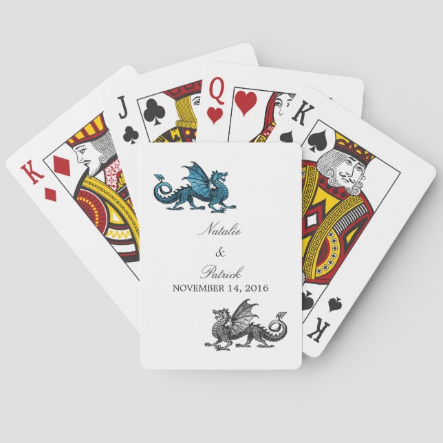 Blue Silver Dragon Wedding Playing Cards (Back)