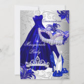 Blue Silver Dress masquerade Quinceanera Invite (Front)