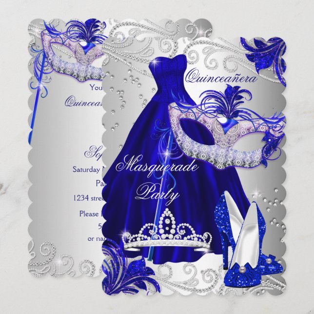 Blue & Silver Dress masquerade Quinceanera Invite (Front/Back)