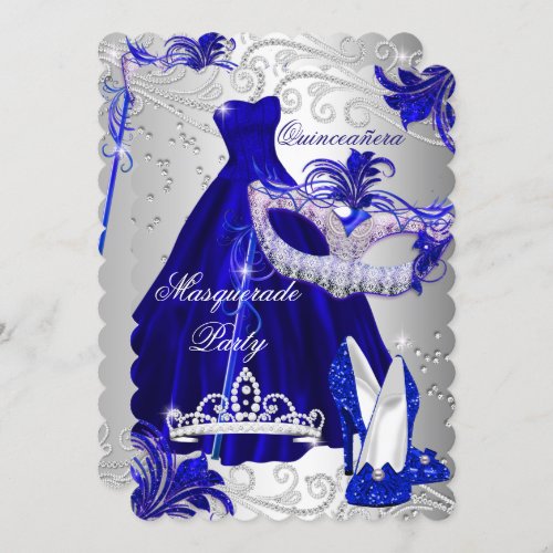 Blue  Silver Dress masquerade Quinceanera Invite