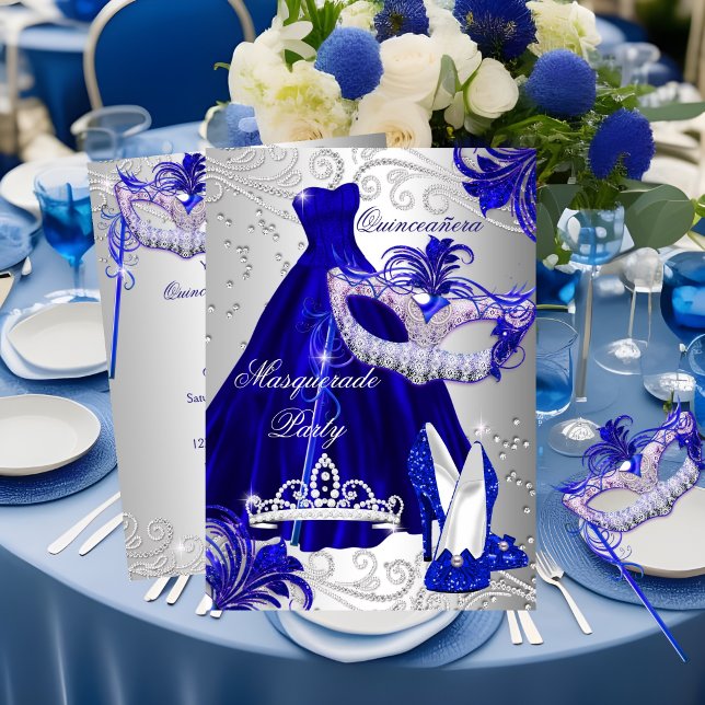Blue Silver Dress masquerade Quinceanera Invite