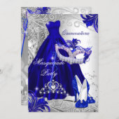 Blue Silver Dress masquerade Quinceanera Tiara Invitation (Front/Back)