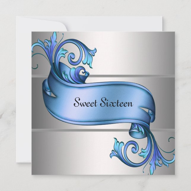 Blue Silver Elegant Sweet Sixteen Party Invitation (Front)
