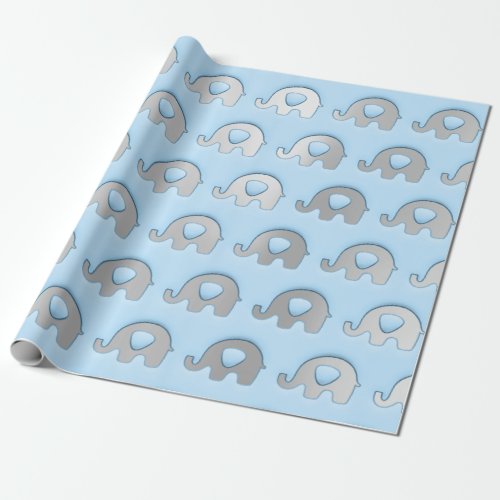 Blue Silver Elephant Baby Shower Princess Boy Wrapping Paper
