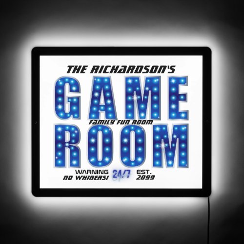 Blue Silver Family Game Room No Whiners Open 247 LED Sign