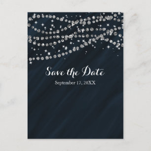 Blue & Silver Faux Diamond Bling Save The Date Announcement Postcard