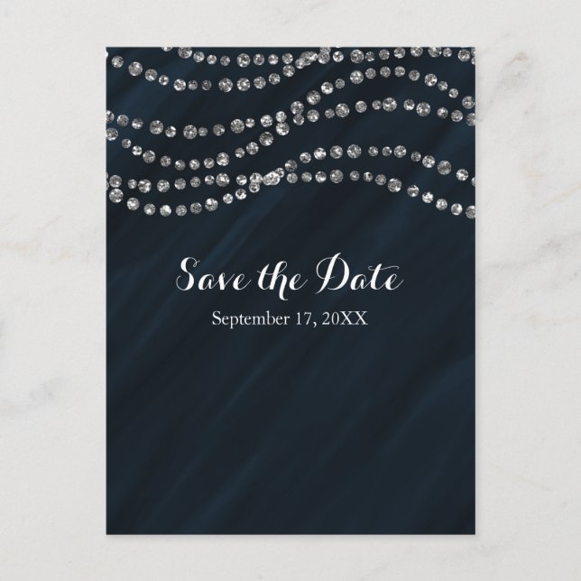 Blue & Silver Faux Diamond Bling Save The Date Announcement Postcard (Front)