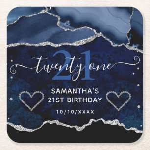 Blue & Silver Faux Glitter Agate Marble Birthday Square Paper Coaster