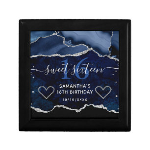 Blue & Silver Faux Glitter Agate Marble Sweet 16 Gift Box