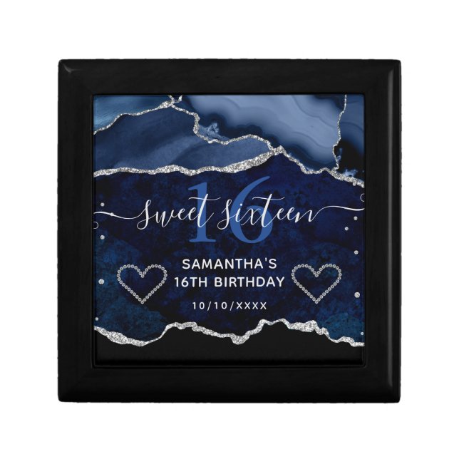 Blue & Silver Faux Glitter Agate Marble Sweet 16 Gift Box (Front)