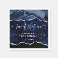 Blue & Silver Faux Glitter Agate Marble Sweet 16