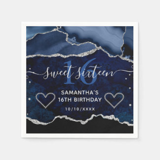 Blue & Silver Faux Glitter Agate Marble Sweet 16 Napkins