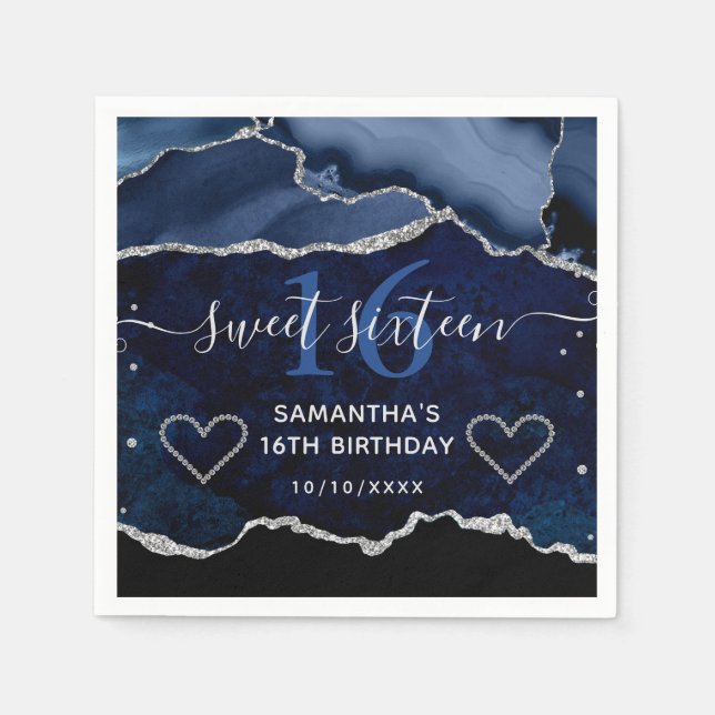 Blue & Silver Faux Glitter Agate Marble Sweet 16 Napkins (Front)