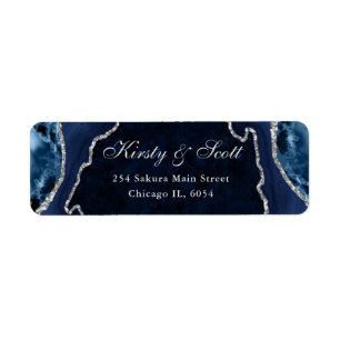 Blue & Silver Faux Glitter Agate Wedding address Label