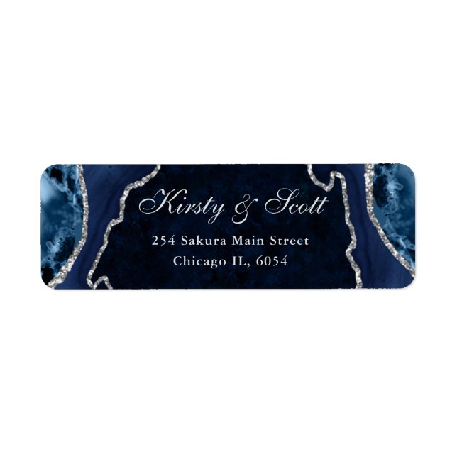Blue & Silver Faux Glitter Agate Wedding address Label (Front)
