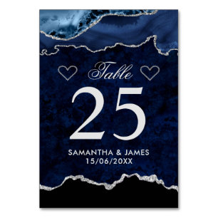 Blue & Silver Faux Glitter Marble Agate Wedding Table Number