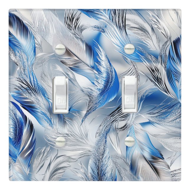 Blue Silver Feather Pattern Elegant Home Décor Light Switch Cover (In Situ)