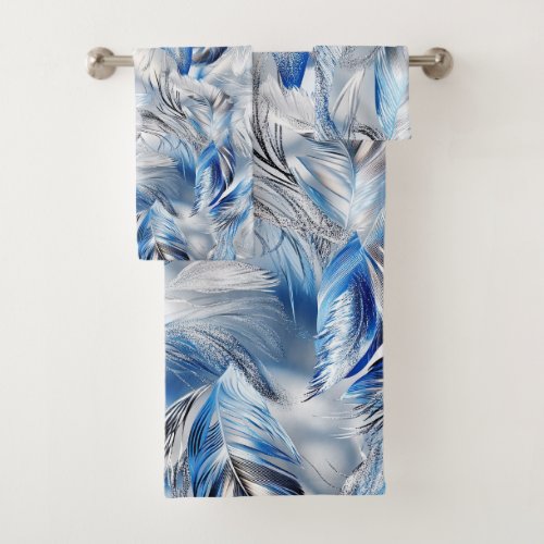 Blue Silver Feathers Elegant Modern and Stylish Bath Towel Set
