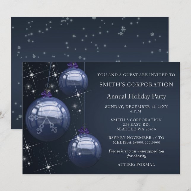 Blue Silver Festive Corporate holiday party Invitation (Front/Back)