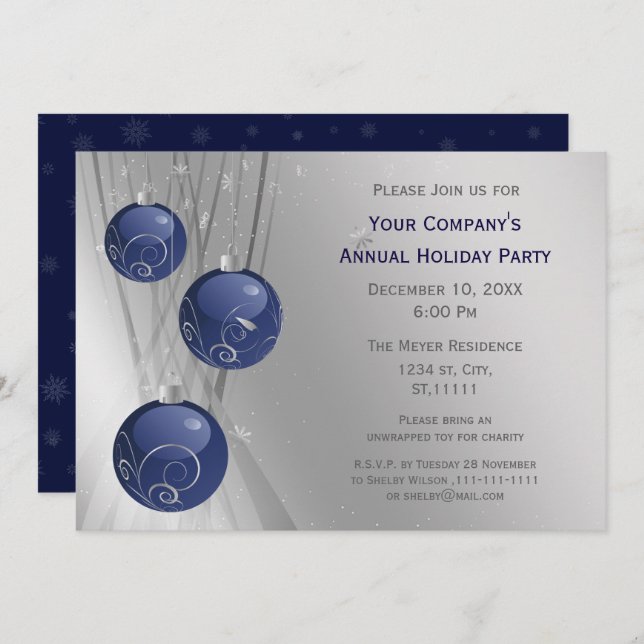 Blue Silver Festive Corporate holiday party Invite (Front/Back)