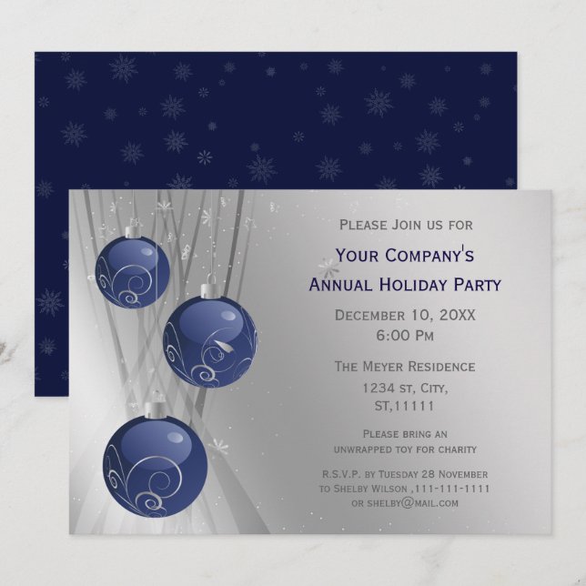 Blue Silver Festive Corporate holiday party Invite (Front/Back)