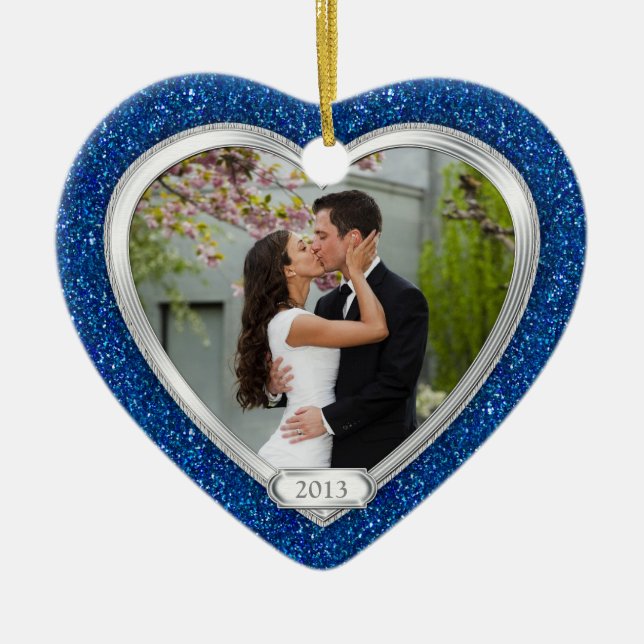 Blue Silver First Christmas Together Photo Xmas Ceramic Ornament (Front)