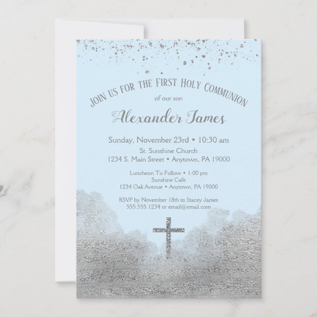 Blue Silver First Holy Communion Invitation Boys (Front)