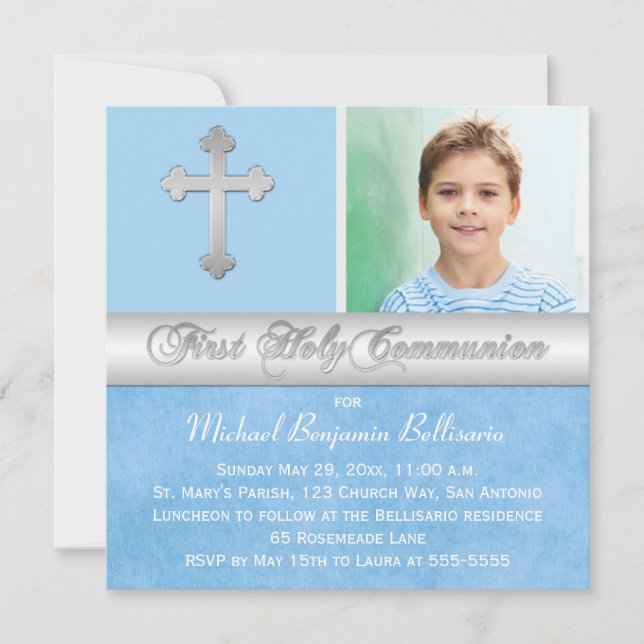 Blue Silver First Holy Communion Photo Invitation (Front)