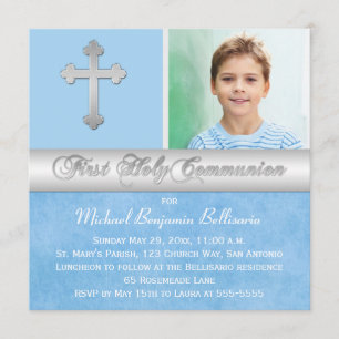Blue Silver First Holy Communion Photo Invitation