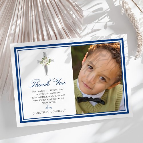 Blue Silver First Holy Communion Photo Thank You