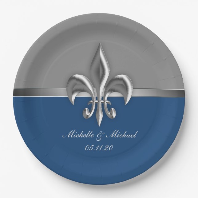 Blue Silver Fleur de Lis Paper Plates (Front)
