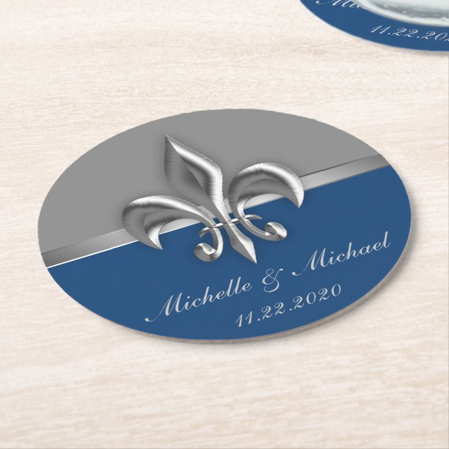 Blue Silver Fleur de Lis Round Paper Coaster (Angled)