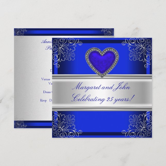 Blue Silver Floral 25th Anniversary Party Event Invitation (Front/Back)