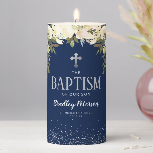 Blue Silver Floral Boy Baptism Pillar Candle (In Situ)