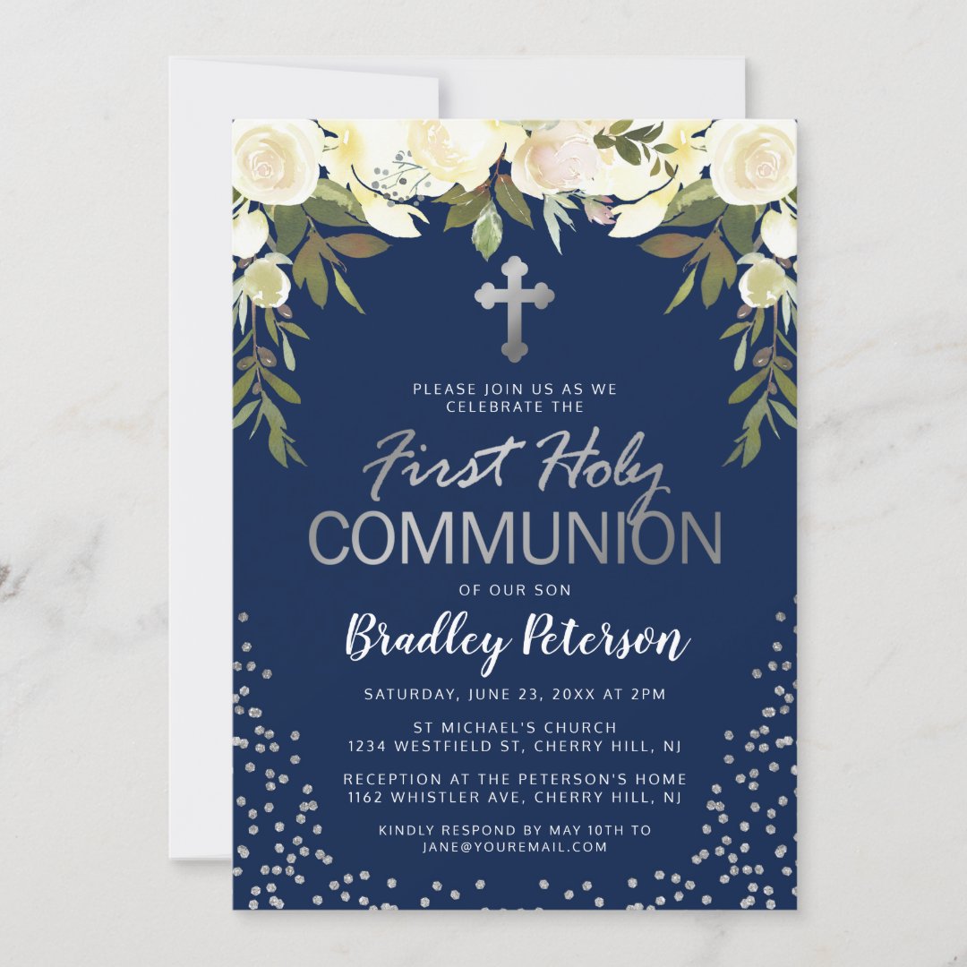 Blue Silver Floral Boy First Holy Communion Invitation | Zazzle