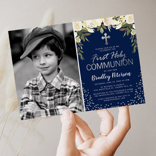 Blue Silver Floral Boy First Holy Communion Photo Invitation
