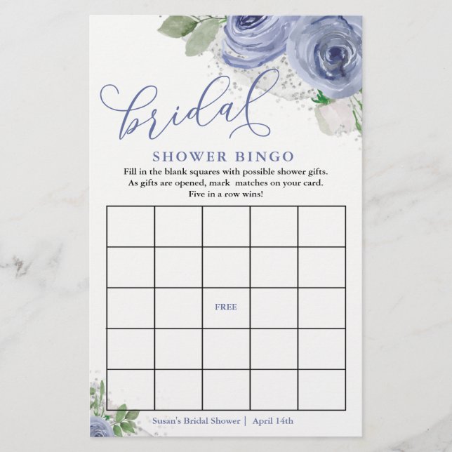 Blue & Silver Floral Bridal Shower Bingo Game Card (Front)