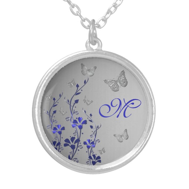 Blue, Silver Floral, Butterflies Necklace (Front)