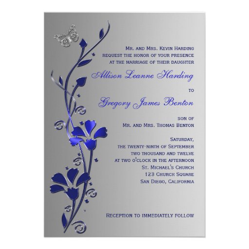 Blue, Silver Floral Butterflies Wedding Invitation