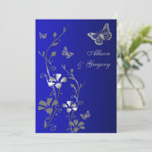Blue, Silver Floral Butterflies Wedding Invitation (Standing Front)