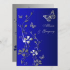Blue, Silver Floral Butterflies Wedding Invitation