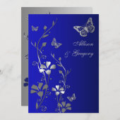 Blue, Silver Floral Butterflies Wedding Invitation (Front/Back)